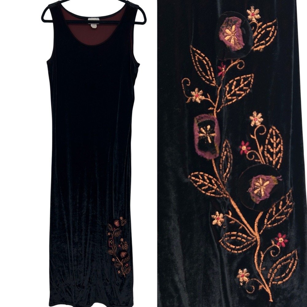 Vintage Black Burgundy Velvet Floral Embroidered‎ Boho Whimsigoth Maxi Dress S